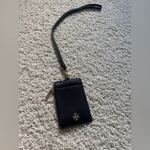 Tory Burch Black Leather Wristlet Card Case with Gold Logo NWOT